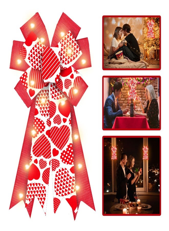 ABTOLS Large LED Valentine's Day Wreath Bows, LED Light Valentine Bows for Wreath Red Heart Wreath Bows Love Bows for Front Door Anniversary Wedding Tree Bows for Indoor Outdoor Decor - Image 1